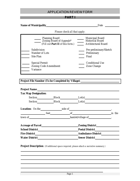 First page of the Zoning Board of Appeals Application Review Form