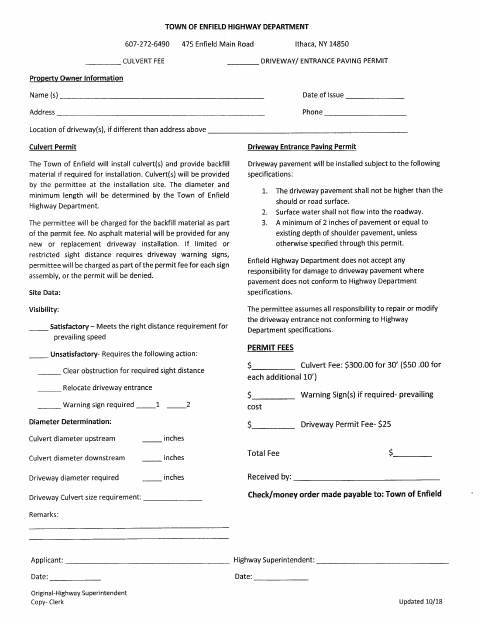 First page of the Culvert and Driveway Entrance Paving Permit