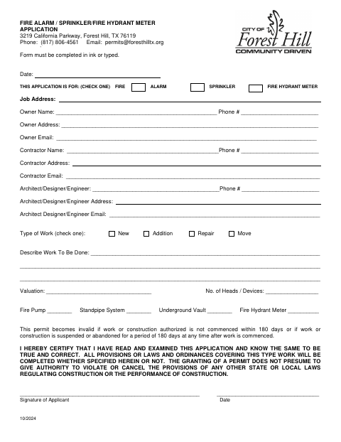 First page of the Fire Alarm/Sprinkler/Fire Hydrant Meter Application