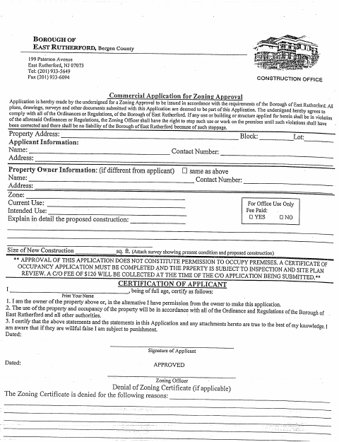 First page of the Commercial Application for Zoning Approval