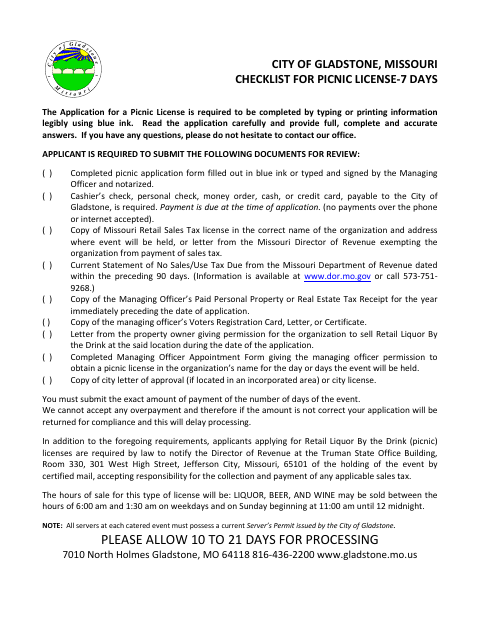 First page of the Picnic Liquor License Application
