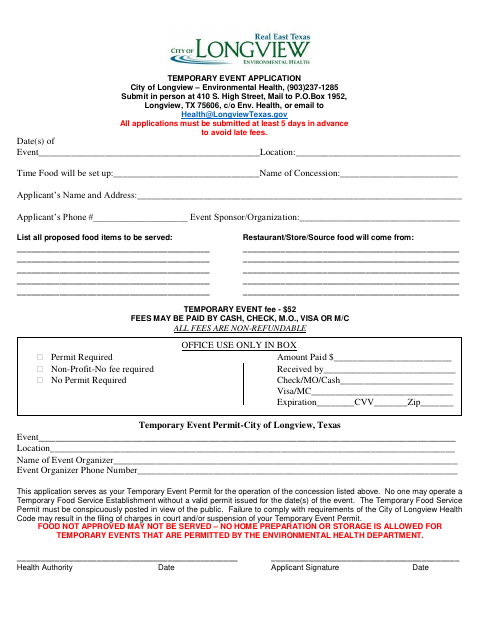 First page of the Temporary Event Application