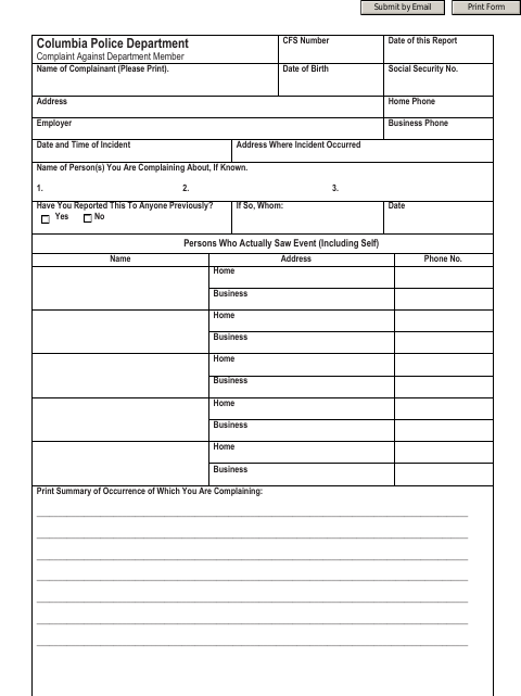 First page of the Complaint Against Department Member