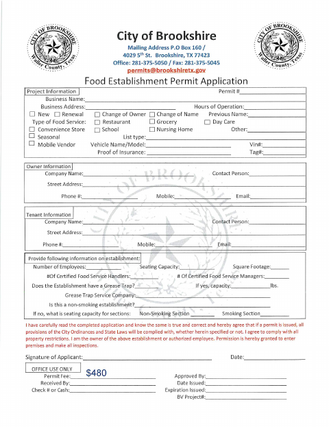 First page of the Food Establishment Permit Application