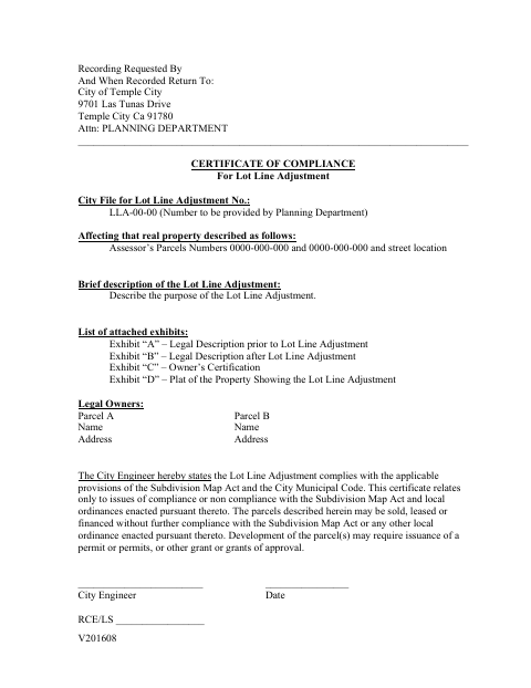 First page of the Certificate of Compliance for Lot Line Adjustment