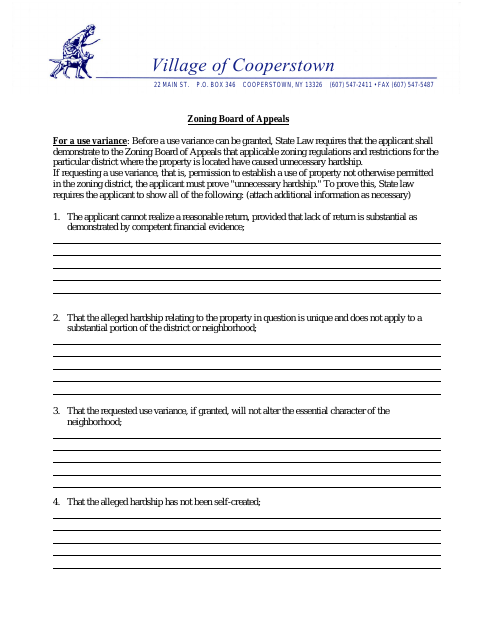 First page of the ZBA Use Variance Supplemental Application