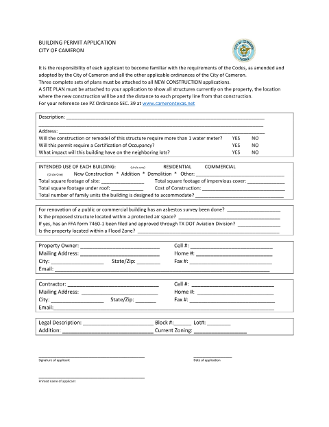 First page of the Building Permit Application