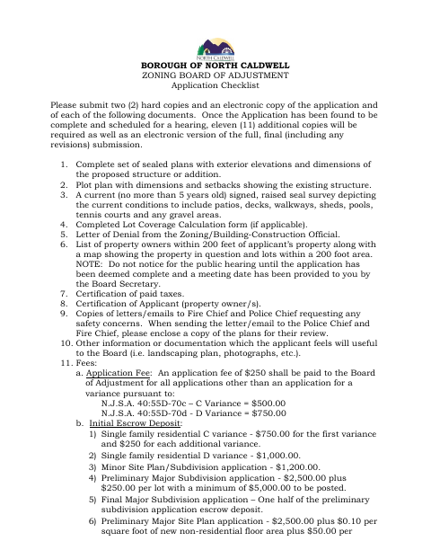 First page of the Zoning Board Of Adjustment Variance Application