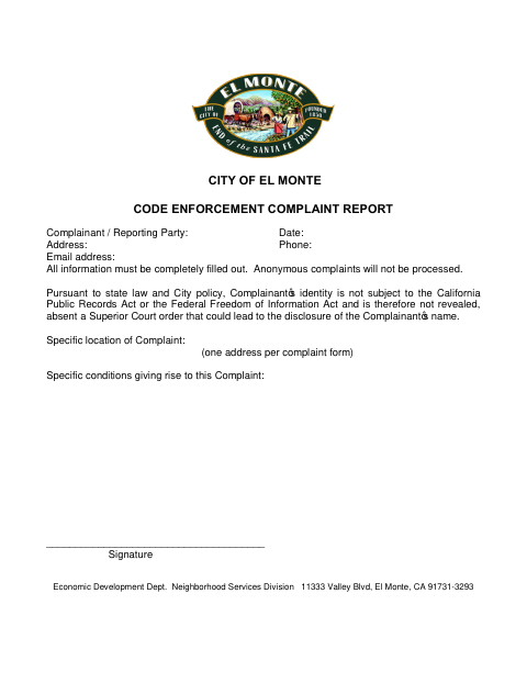 First page of the Code Enforcement Complaint Report