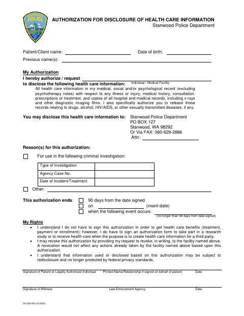 First page of the Authorization for Disclosure of Health Care Information