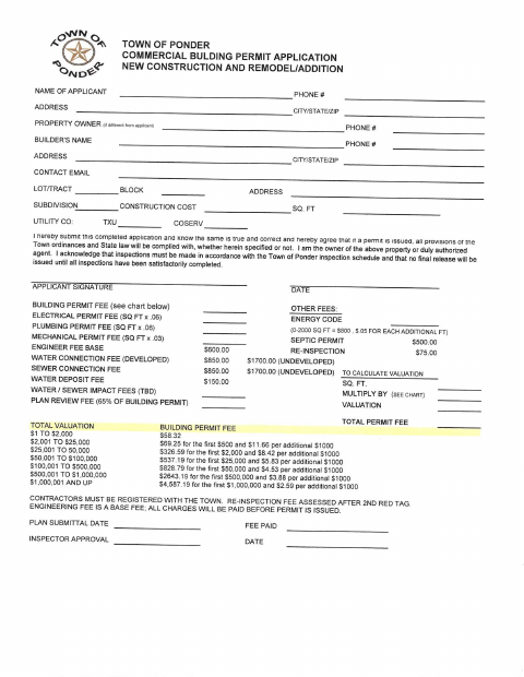 First page of the Commercial Building Permit Application