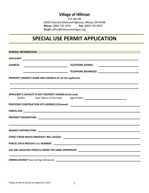 First page of the Special Use Permit Application