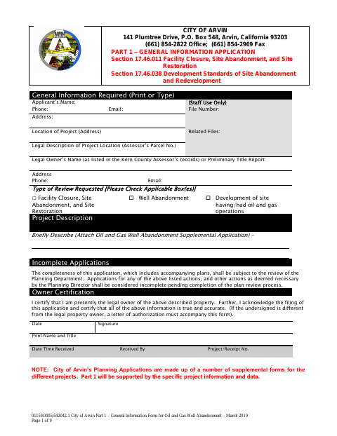 First page of the General Information Application – Oil and Gas Well Abandonment