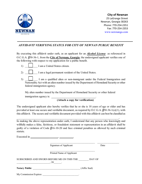 First page of the Affidavit Verifying Status for Public Benefit