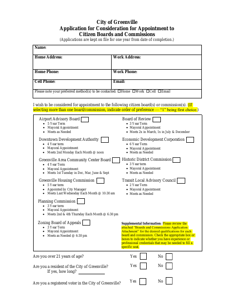 First page of the Application for Consideration for Appointment to Citizen Boards and Commissions