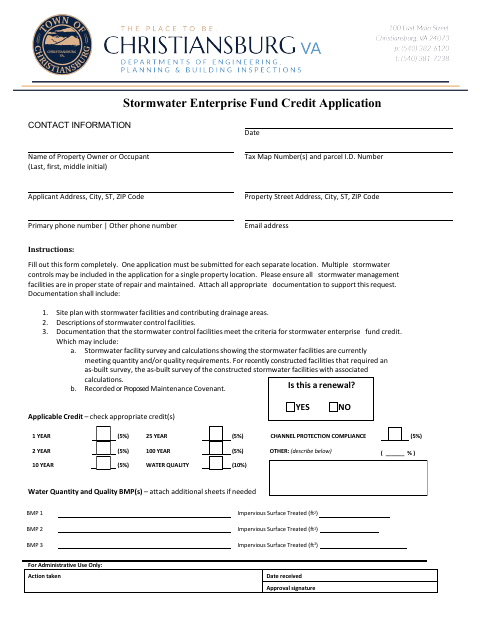 First page of the Stormwater Enterprise Fund Credit Application