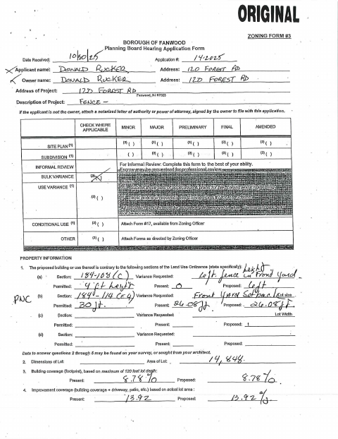 First page of the Planning Board Hearing Application Form