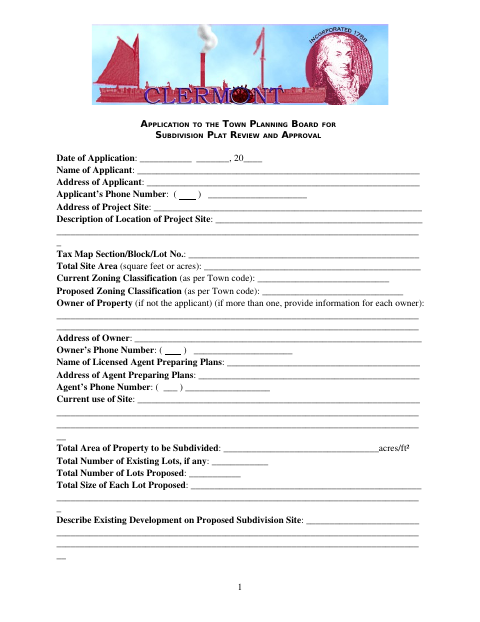First page of the Application to the Town Planning Board for Subdivision Plat Review and Approval