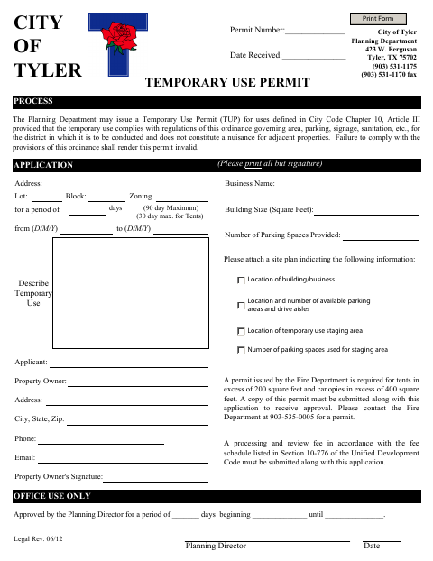 First page of the Temporary Use Permit