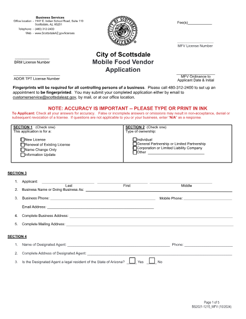 First page of the Mobile Food Vendor Application