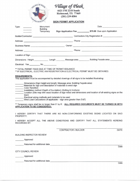 First page of the Sign Permit Application