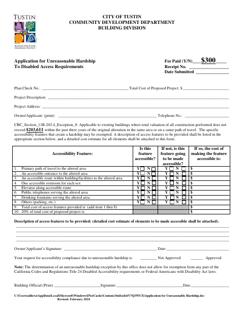 First page of the Application for Unreasonable Hardship to Disabled Access Requirements