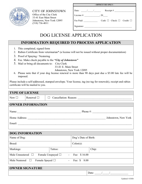 First page of the Dog License Application