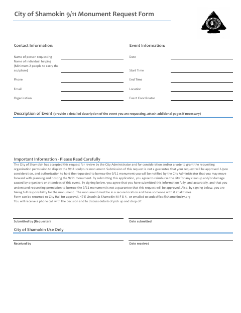 First page of the 9/11 Monument Request Form