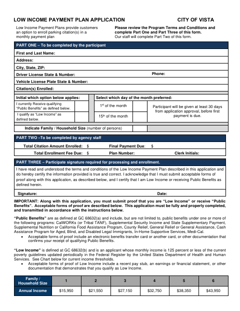 First page of the Low Income Payment Plan Application