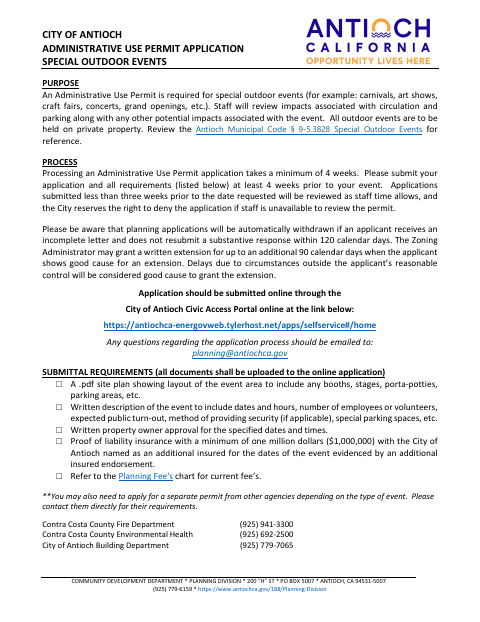 First page of the Special Outdoor Events Administrative Use Permit Application