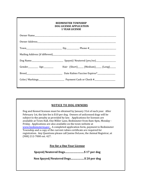 First page of the One-Year Dog License Application