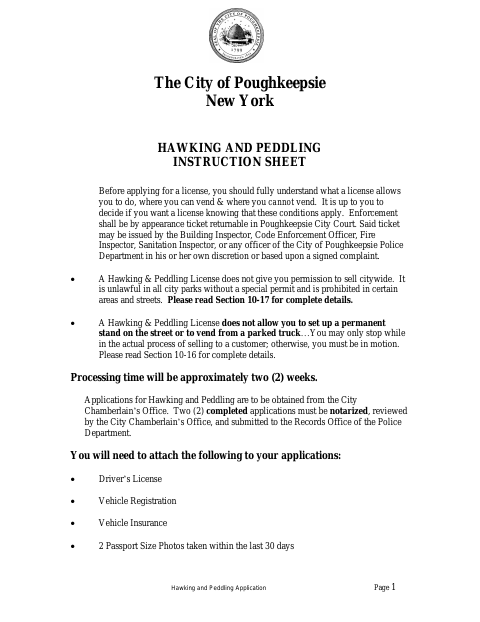First page of the Hawking and Peddling Application
