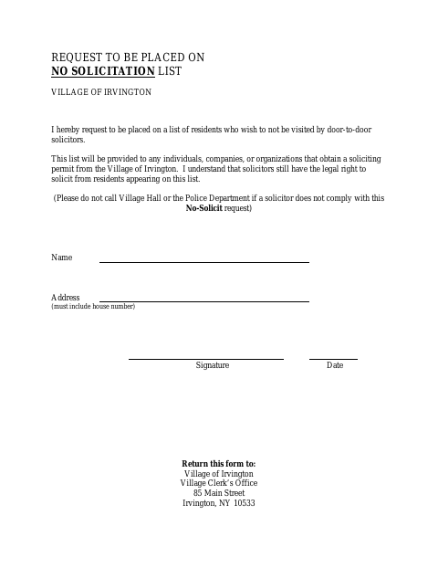 First page of the Request to Be Placed on No Solicitation List