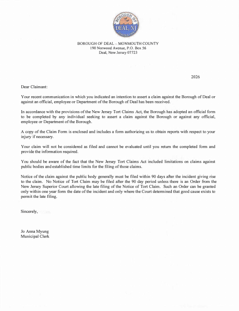 First page of the Tort Claim Filing Document