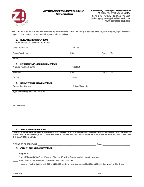 First page of the Application to Move Building