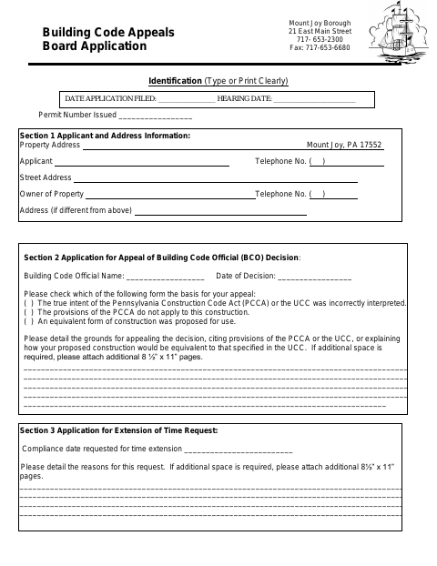 First page of the Building Code Appeals Board Application