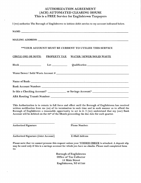 First page of the ACH Water/Sewer Utility Authorization