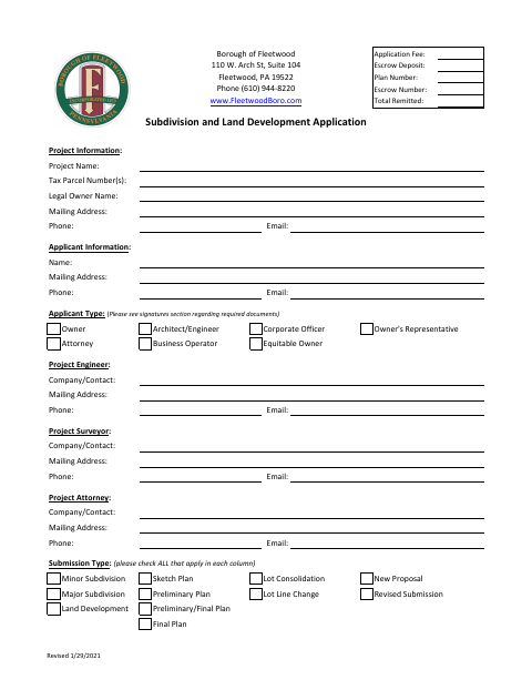 First page of the Subdivision and Land Development Application