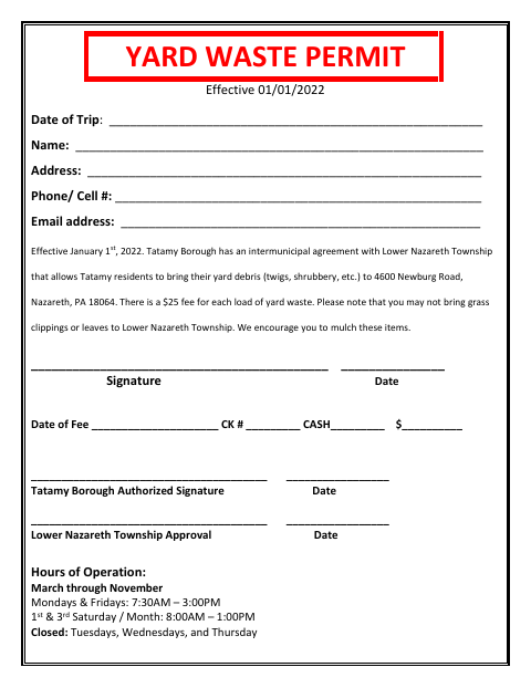 First page of the Yard Waste Permit