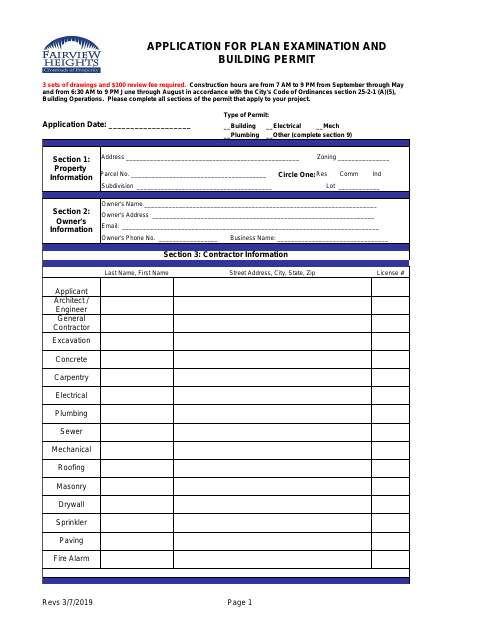 First page of the Application for Plan Examination and Building Permit