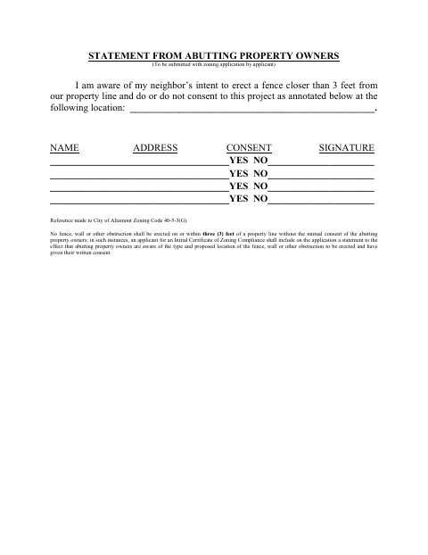 First page of the Statement From Abutting Property Owners