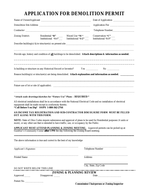 First page of the Application for Demolition Permit