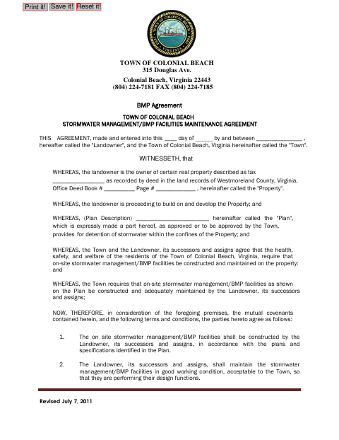 First page of the Stormwater Management/BMP Facilities Maintenance Agreement