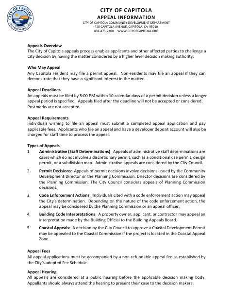 First page of the Appeal Information and Application