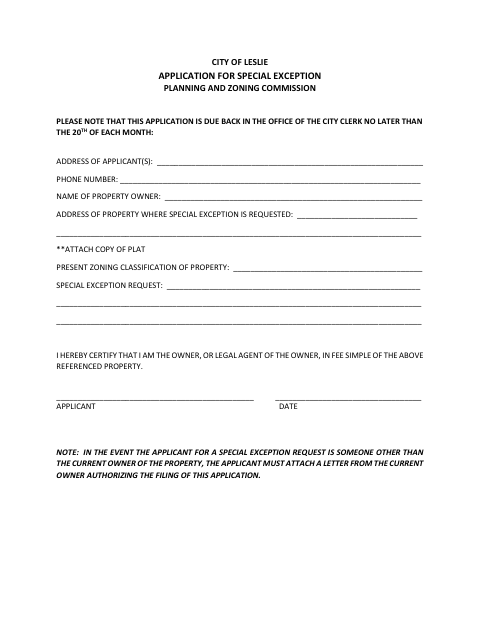 First page of the Application for Special Exception in Zoning