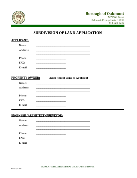 First page of the Subdivision of Land Application