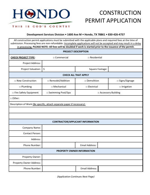 First page of the Construction Permit Application
