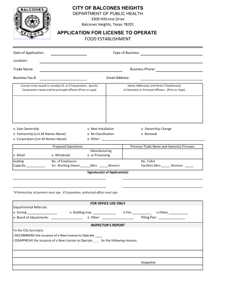 First page of the Application for License to Operate Food Establishment