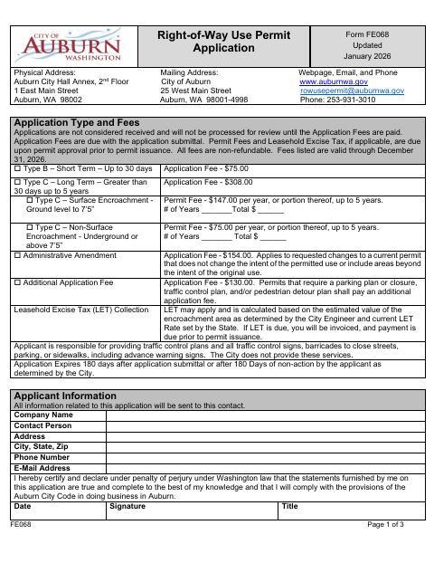 First page of the Right-of-Way Use Permit Application