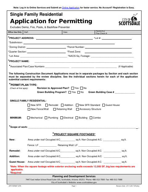 First page of the Single Family Residential Application for Permitting